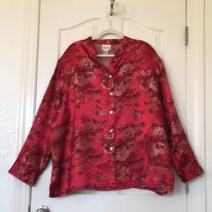 Yi Lin Woman’s 3X Red Floral Long Sleeve Blouse Button Up Removable Shoulder Pad